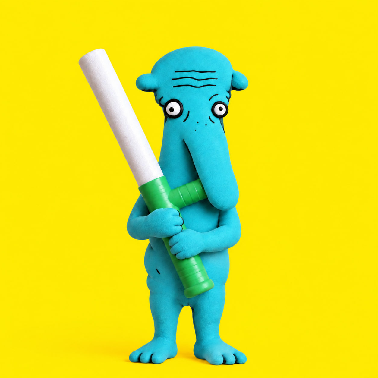 Batonbu, a blue handmade spirit holding a white and green baton